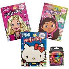 VERTICE - Pack libros Pintemos Barbie + Gabby + Hello Kitty + lápices