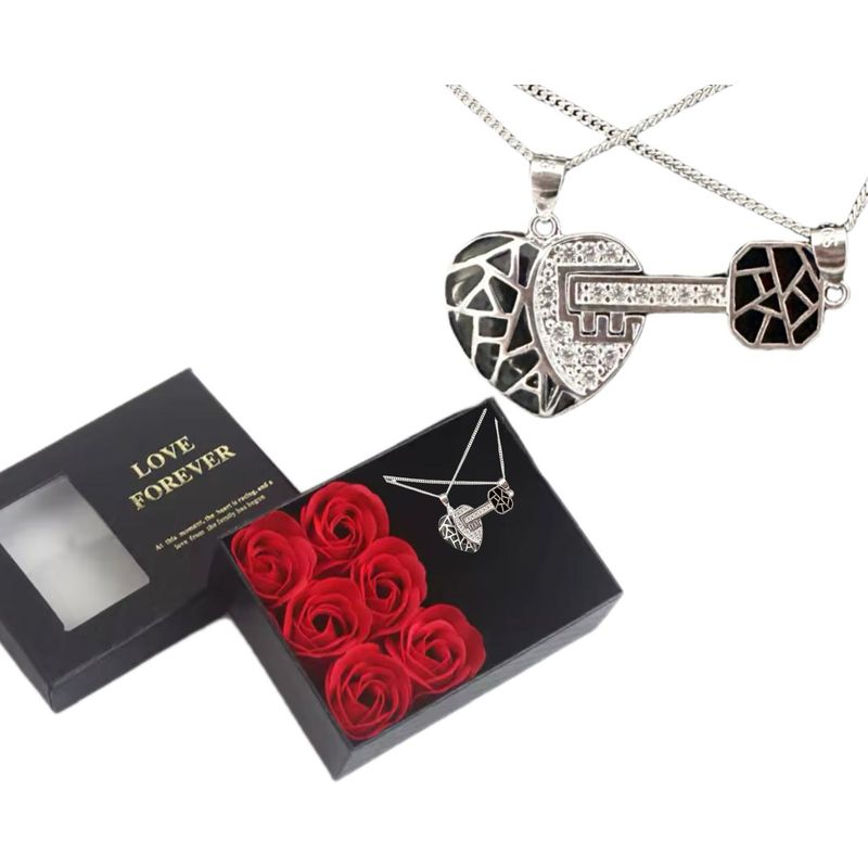 GENERICO - Set 2 Collares pareja corazon llave Plata Fina Caja Rosas Regalo Amor
