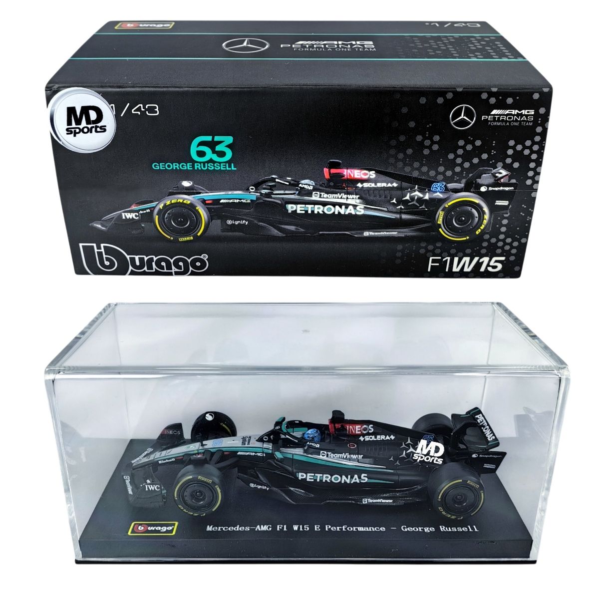 BBURAGO - Auto F1 Mercedes W15 2024 #63 Russell Caja Acrilica 1:43