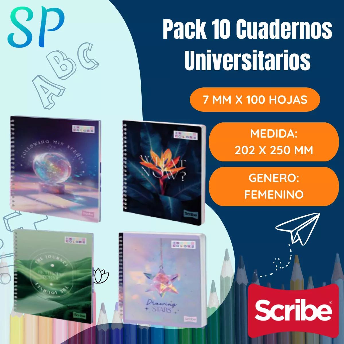 GENERICO - Pack 10 Cuadernos Scribe Universitario 7 mm X 100 h Mujer