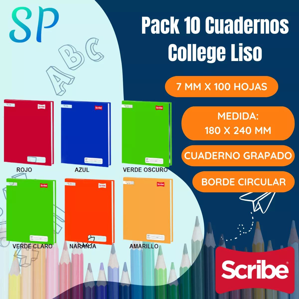 GENERICO - Pack 10 Cuadernos College Liso 7mm X 100 h Colores Varios
