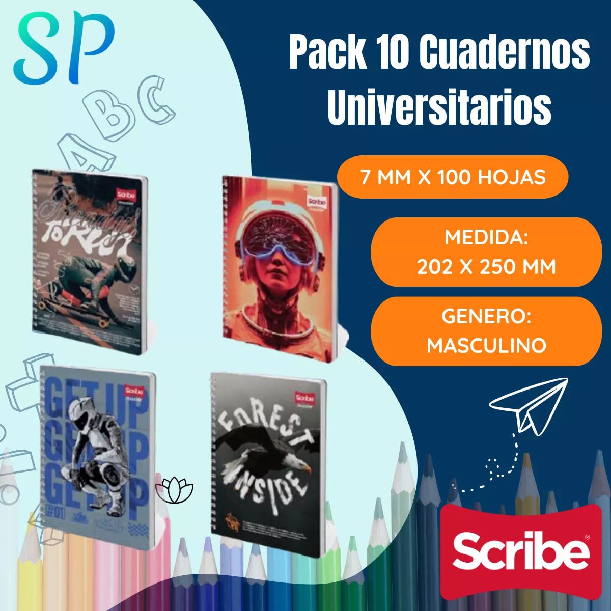 GENERICO - Pack 10 Cuadernos Scribe Universitario 7 mm X 100 h Hombre