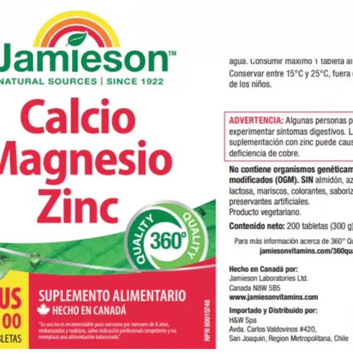 JAMESON - Calcio Magnesio + Zinc Jamieson 200 Tabletas