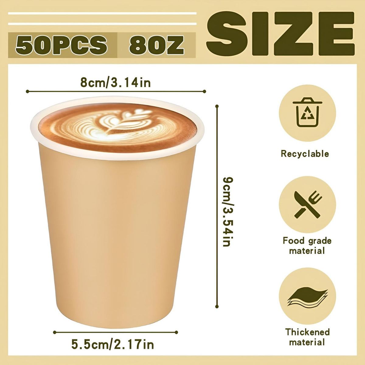 PASTELERIUSCL - 50 Vasos Para Cafe Vaso Kraft Vaso Polipapel Liso C/tapa 8oz
