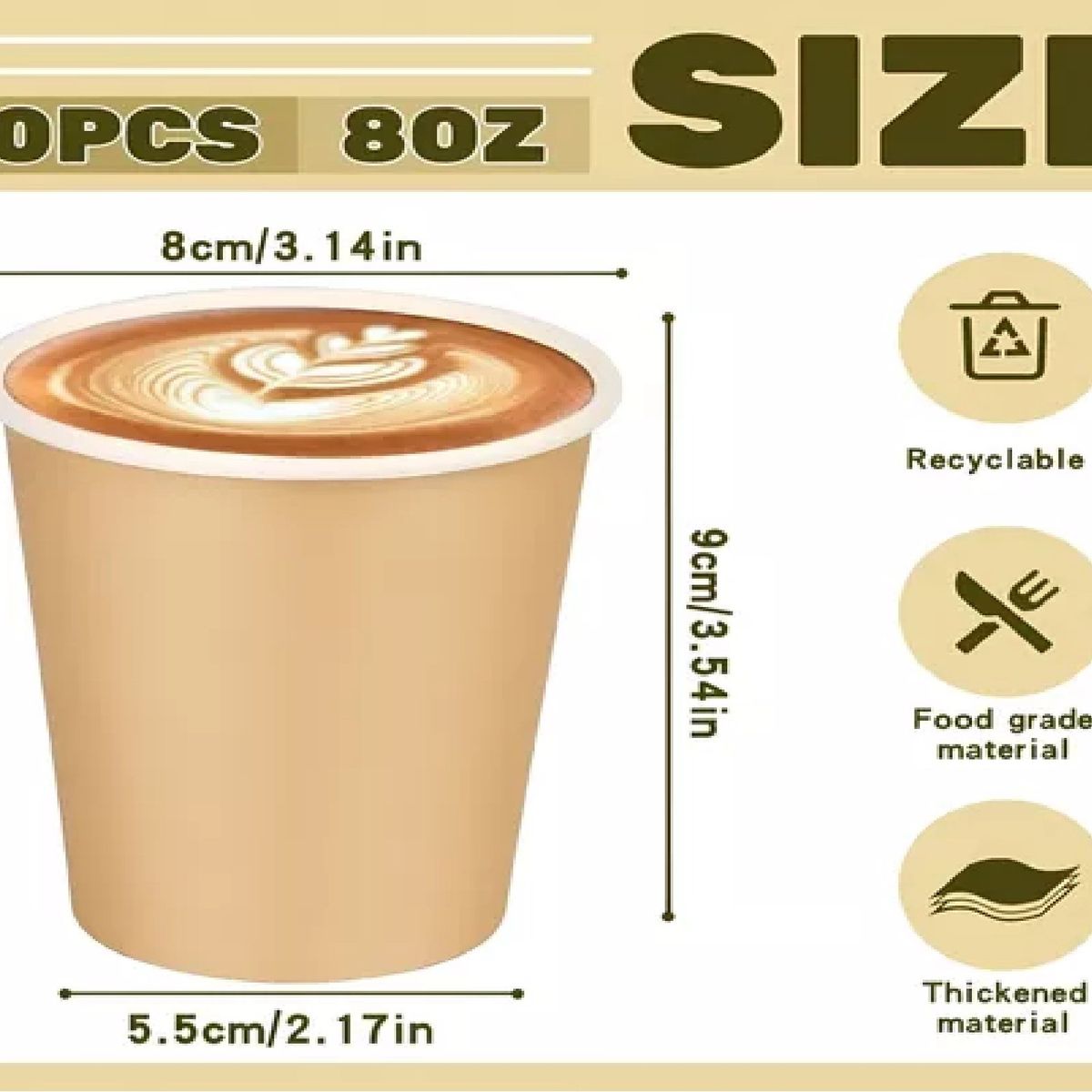 PASTELERIUSCL - X150 Vaso Kraft Vasos Cafe Vaso Polipapel Liso Ctapa 8oz