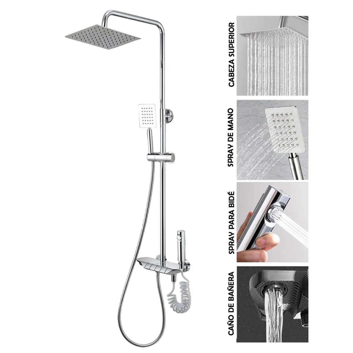 GENERICO - Sistema de Ducha Moderna 4 Funciones Llave Botones Plateado Espejo