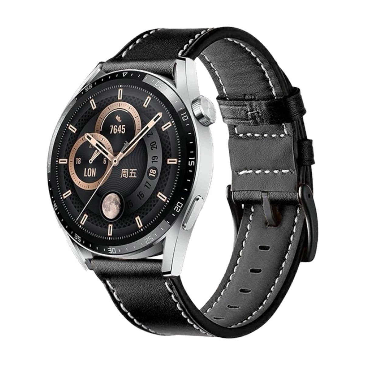 GENERICO - Correa SmartWatch 22 mm Cuero Negro Hilo Blanco