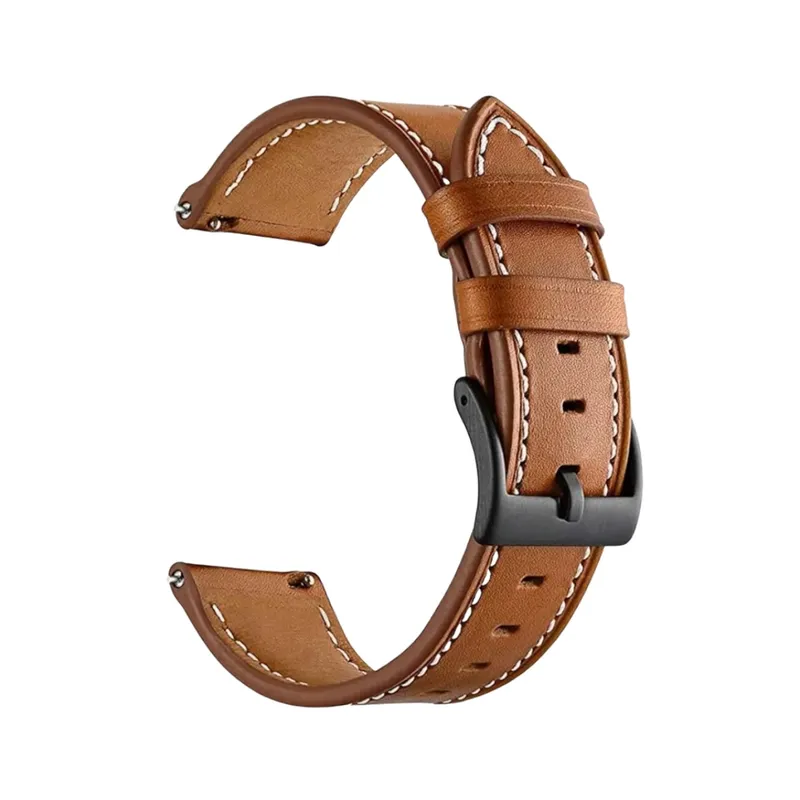 GENERICO - Correa SmartWatch 22 mm Cuero Cafe Claro Hilo Blanco