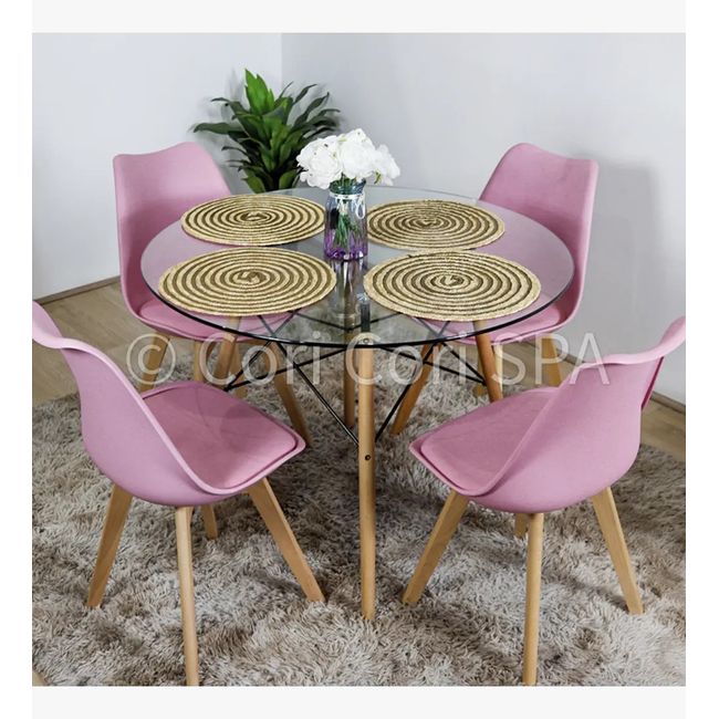 CORI CORI - Comedor Mesa Eames Vidrio 100 cm + 4 Sillas Tulip Rosa