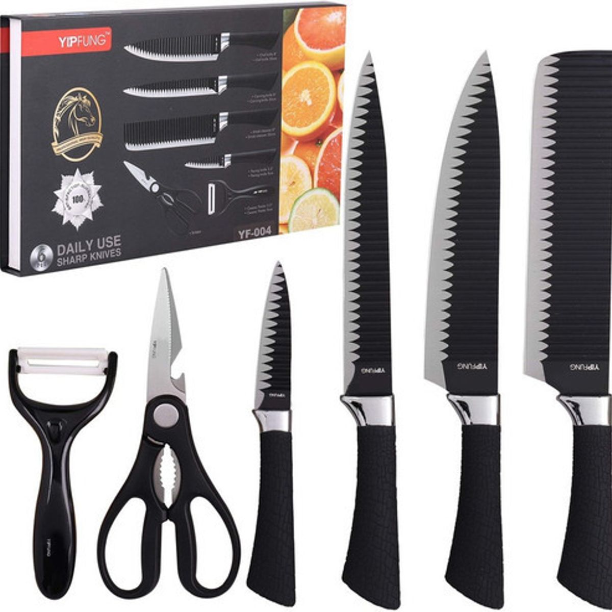 GENERICO - Set 4 Cuchillos 1 Pelapapas 1 Tijeras Color Negro