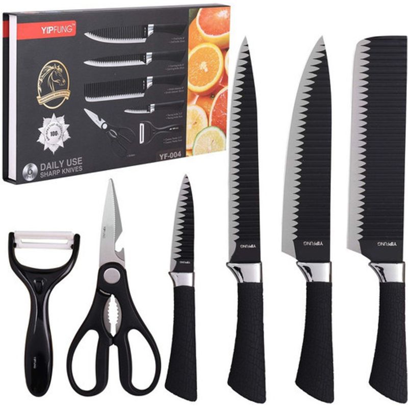 GENERICO - Set 4 Cuchillos 1 Pelapapas 1 Tijeras Color Negro