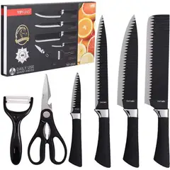 GENERICO - Set 4 Cuchillos 1 Pelapapas 1 Tijeras Color Negro