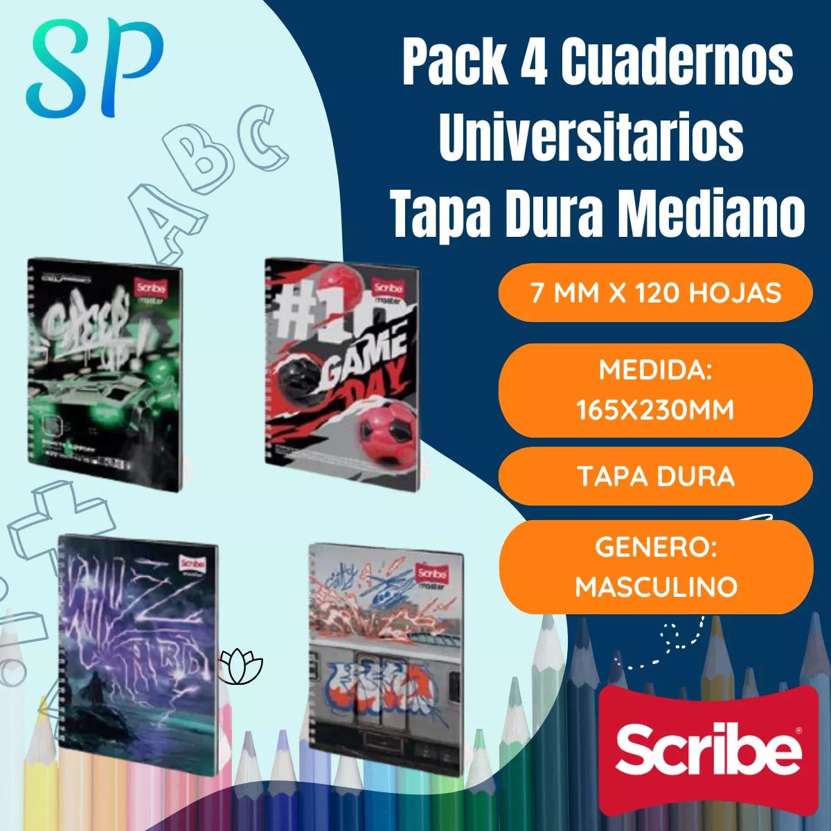 GENERICO - Pack 4 Cuadernos Universitarios Tapa Dura Mediano 7mmx120 h