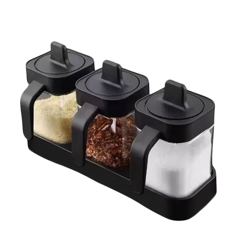 GENERICO - Pack 3 Piezas Set Especieros Cocina Vidrio Tapa Negra