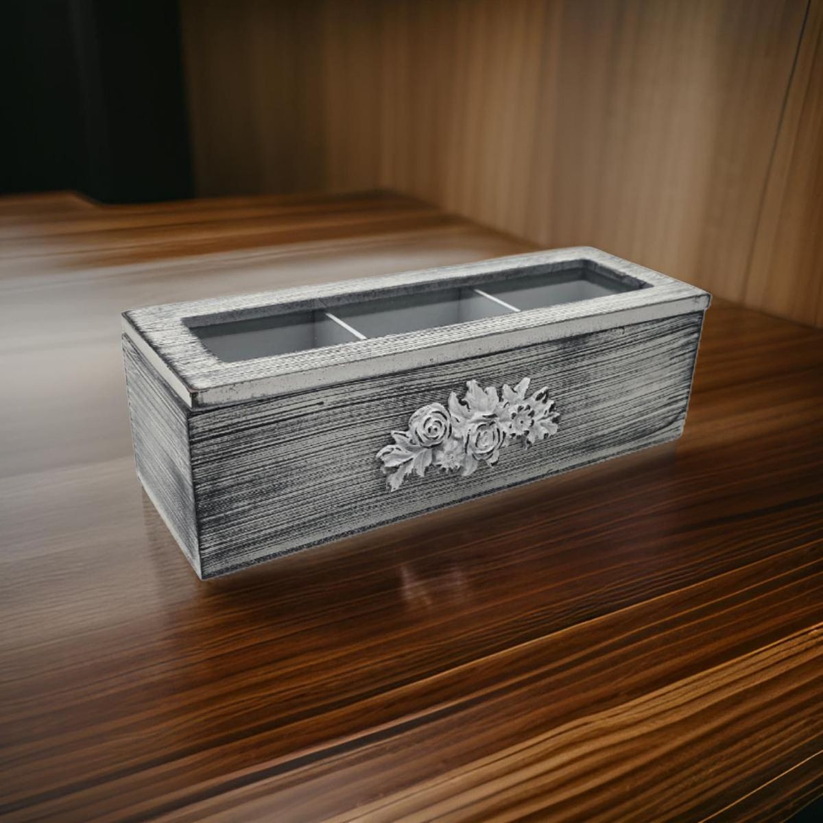 GENERICO - Caja De Te Porta Te Caja De Madera Para Te Gris 3 Divisiones