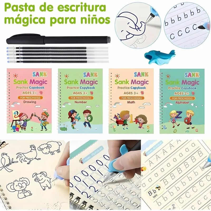 GENERICO - Set 4 Cuadernos Mágicos Caligrafía Aprendizaje Reutilizable
