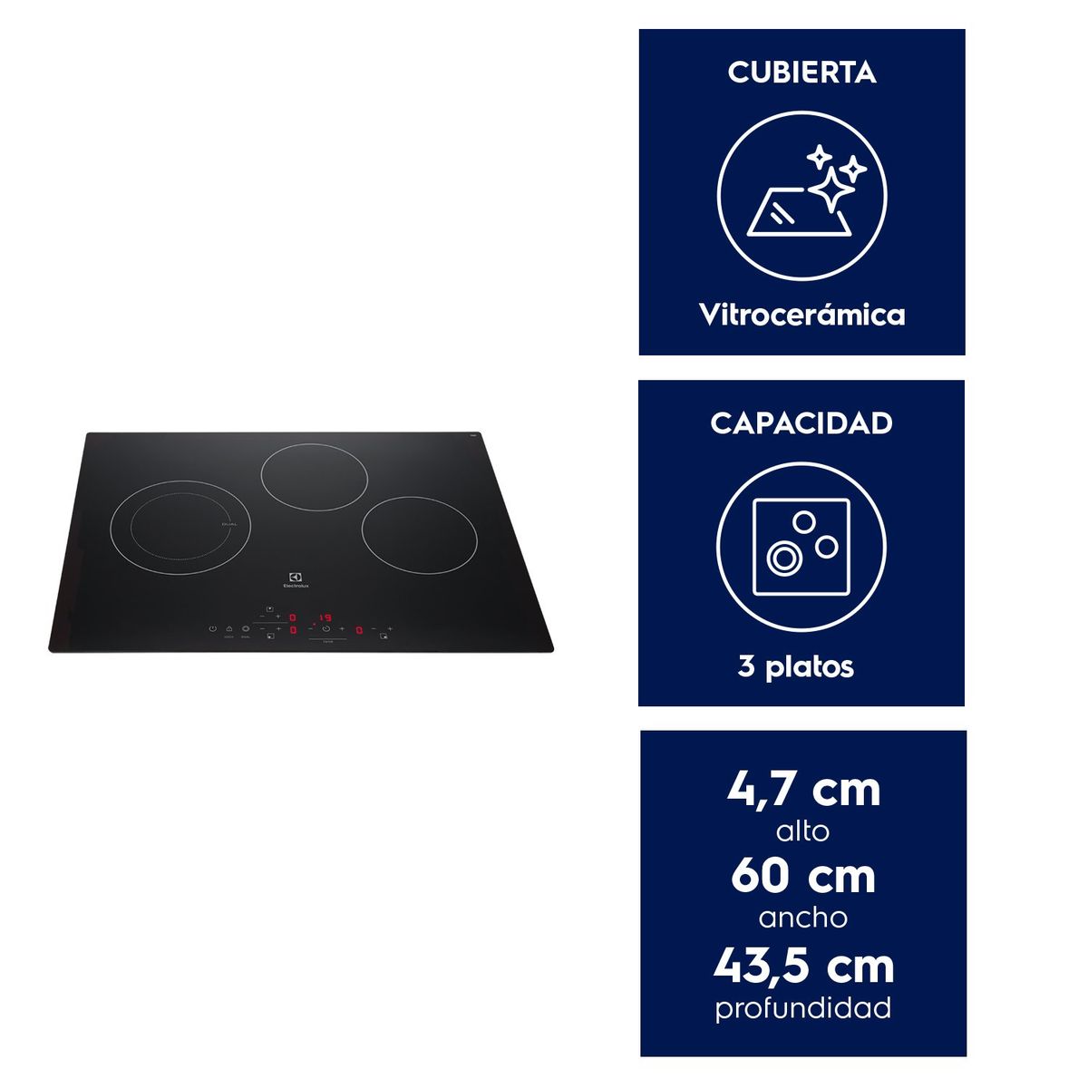 ELECTROLUX - Encimera Eléctrica 3 Platos Electrolux Efficient Cubierta Vitrocerámica y Panel Touch VE6DT