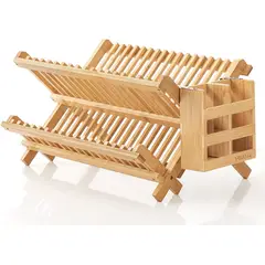 WAKESHOME - Organizador Escurridor De Platos Bambú 2 Niveles Plegable