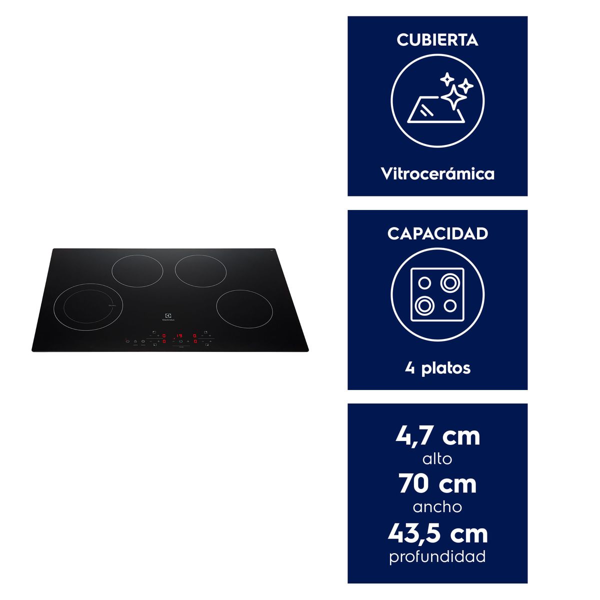 ELECTROLUX - Encimera Eléctrica 4 Platos Electrolux Cubierta Vitrocerámica y Panel Touch VE7DT