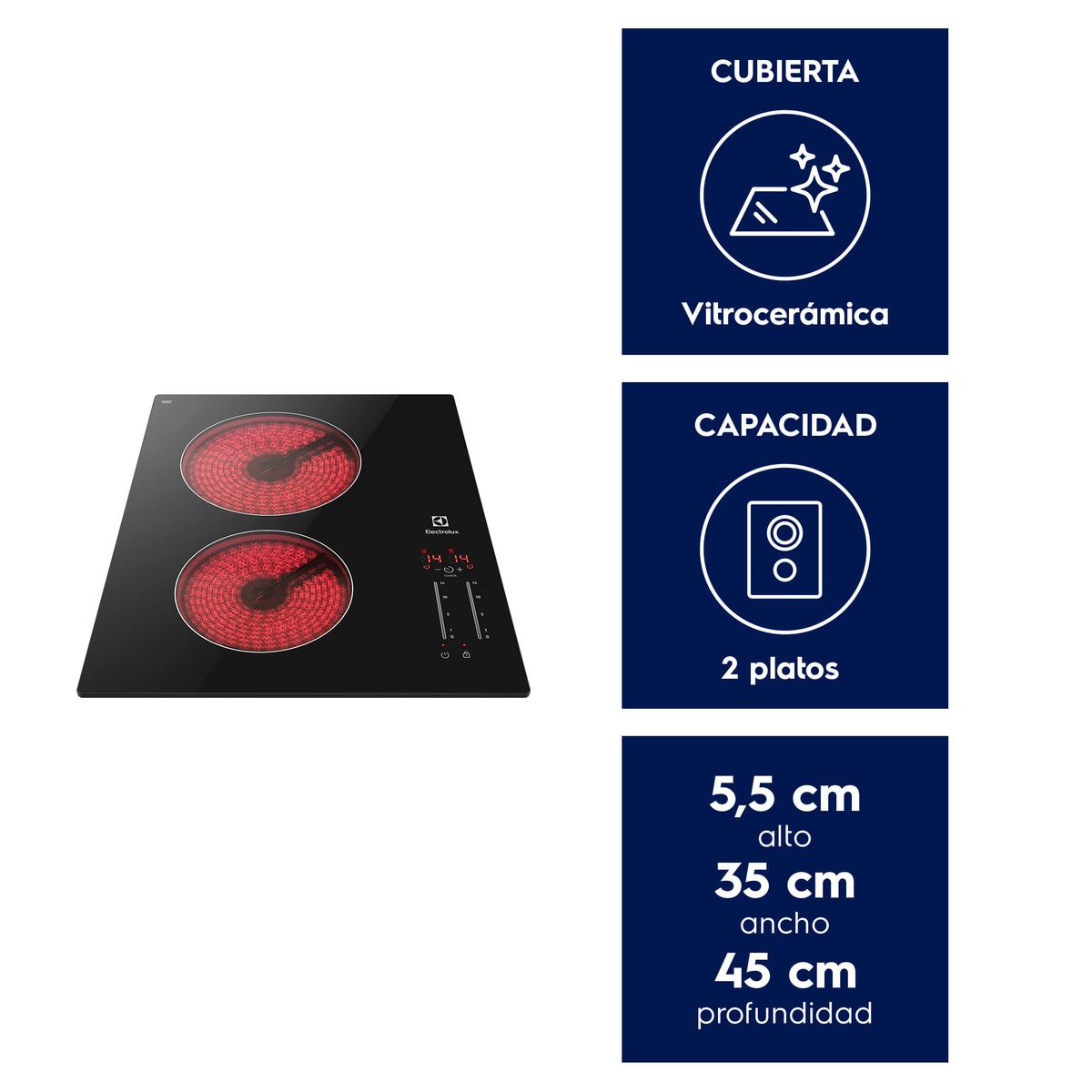 ELECTROLUX - Encimera Eléctrica 2 Platos Electrolux Cubierta Vitrocerámica y Panel Touch VE3ST