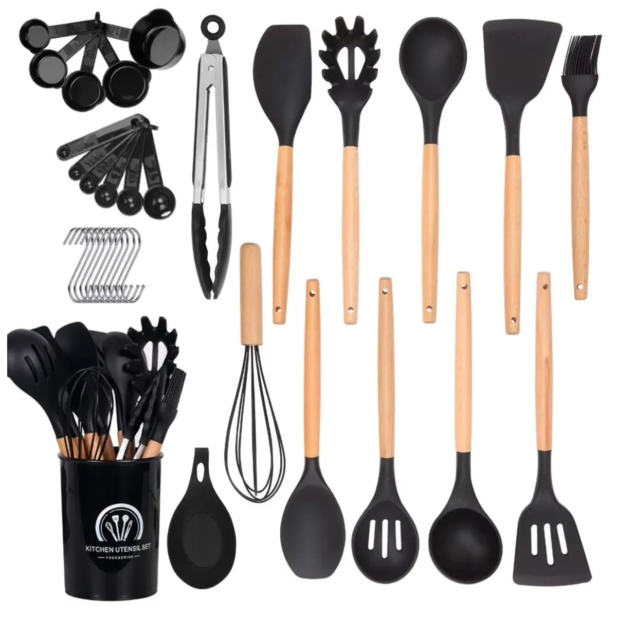 GENERICO - Juego De Utensilios Premium De Cocina con Tazas Medidora Negro 33 pzas