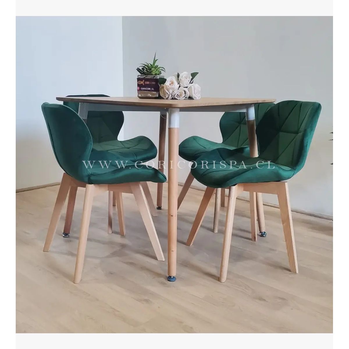 CORI CORI - Comedor Mesa Cuadrada Madera 80x80cms  + 4 Sillas Mariposa Velvet Verde…