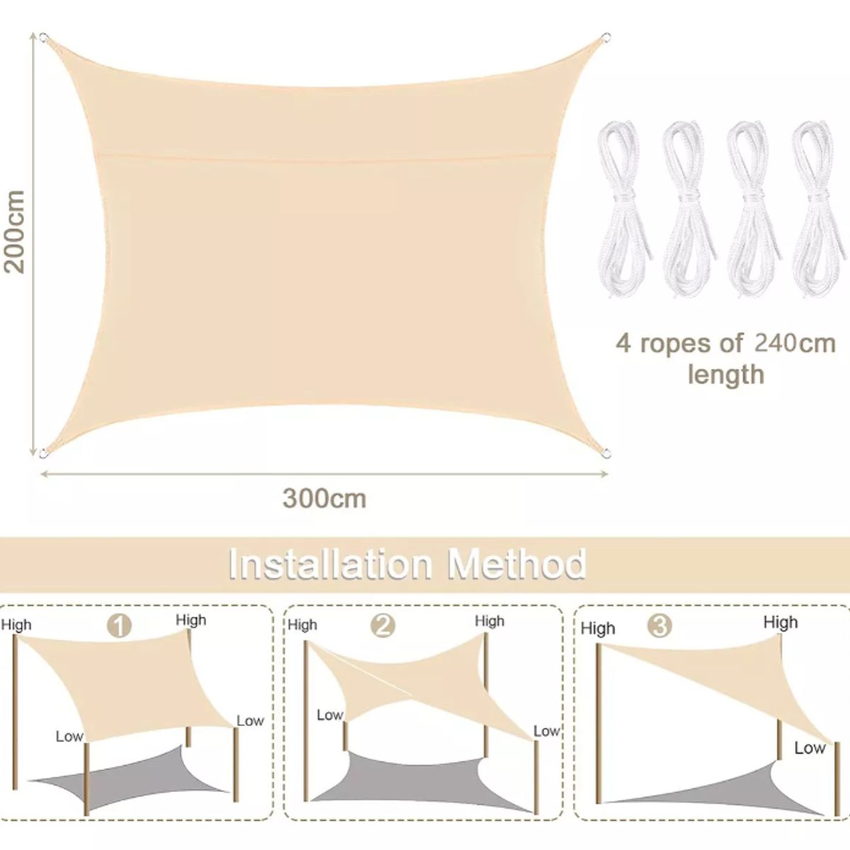 KUANGYE - Carpa Lona Vela Malla Sombra Hdpe Rectangular 3x2 M Beige