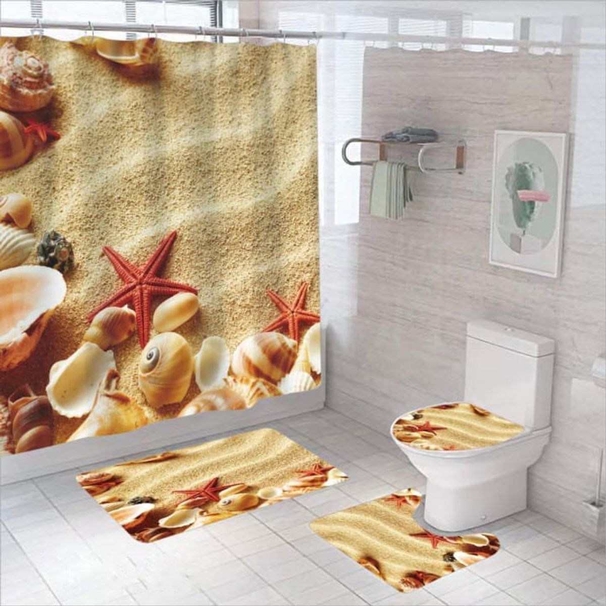 GENERICO - SET DE BAÑO IMPERNEABLE 4 PIEZAS CON DISEÑO ARENA TF