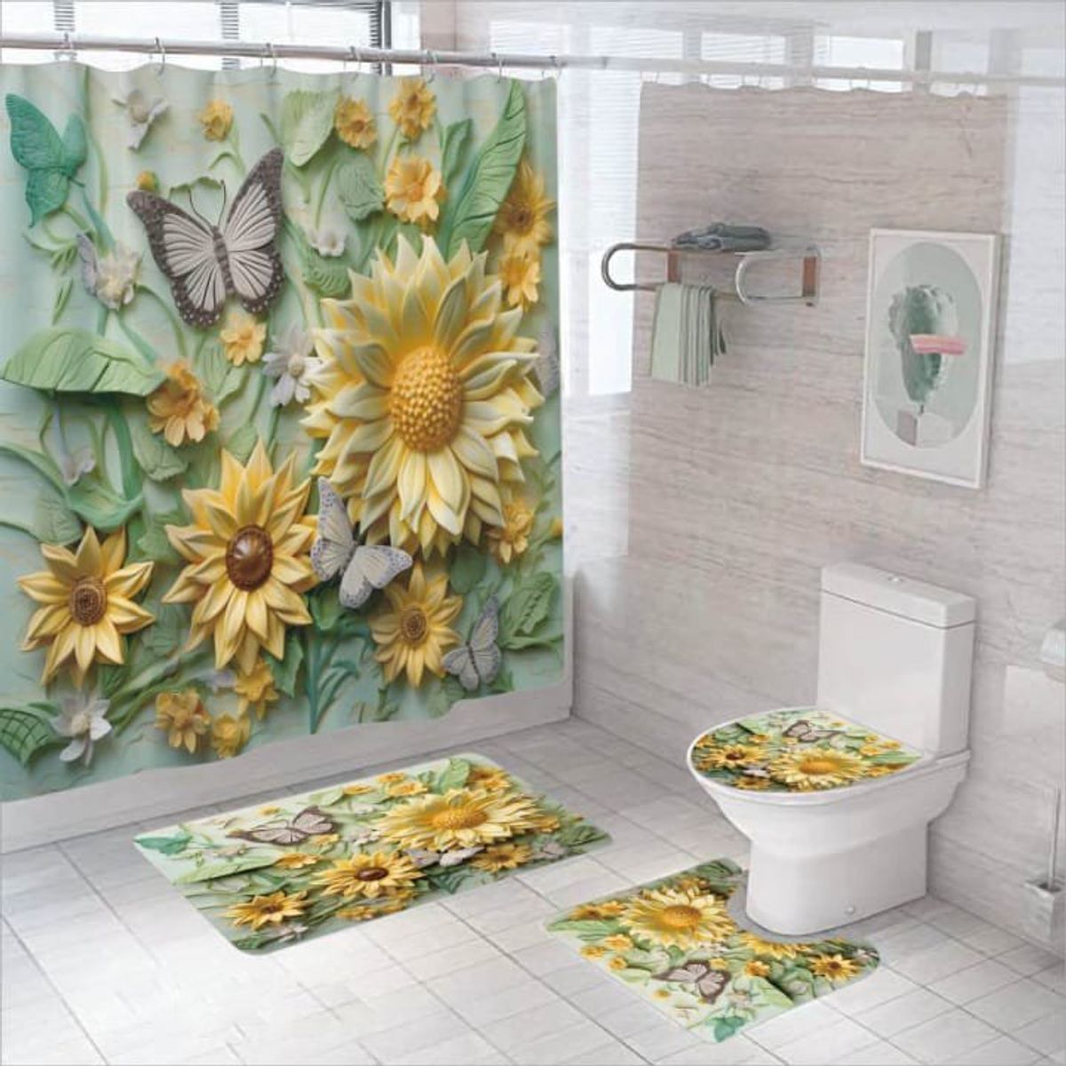 GENERICO - SET DE BAÑO IMPERNEABLE 4 PIEZAS CON DISEÑO GIRASOL MARIPOSA TF