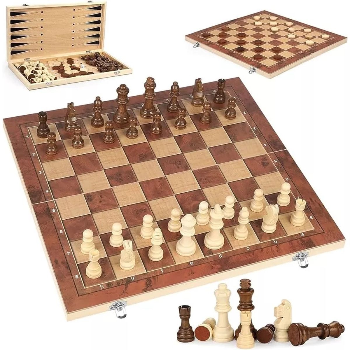 GENERICO - Ajedrez Madera 40x40 3 Juegos En 1 Ajedrez Grande