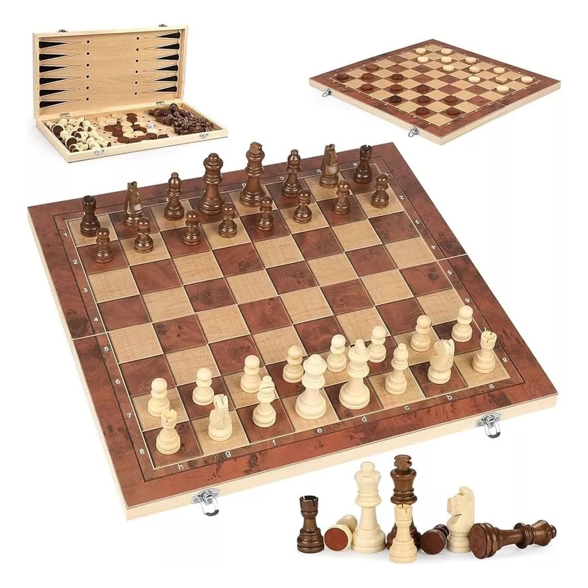 GENERICO - Ajedrez Madera 40x40 3 Juegos En 1 Ajedrez Grande