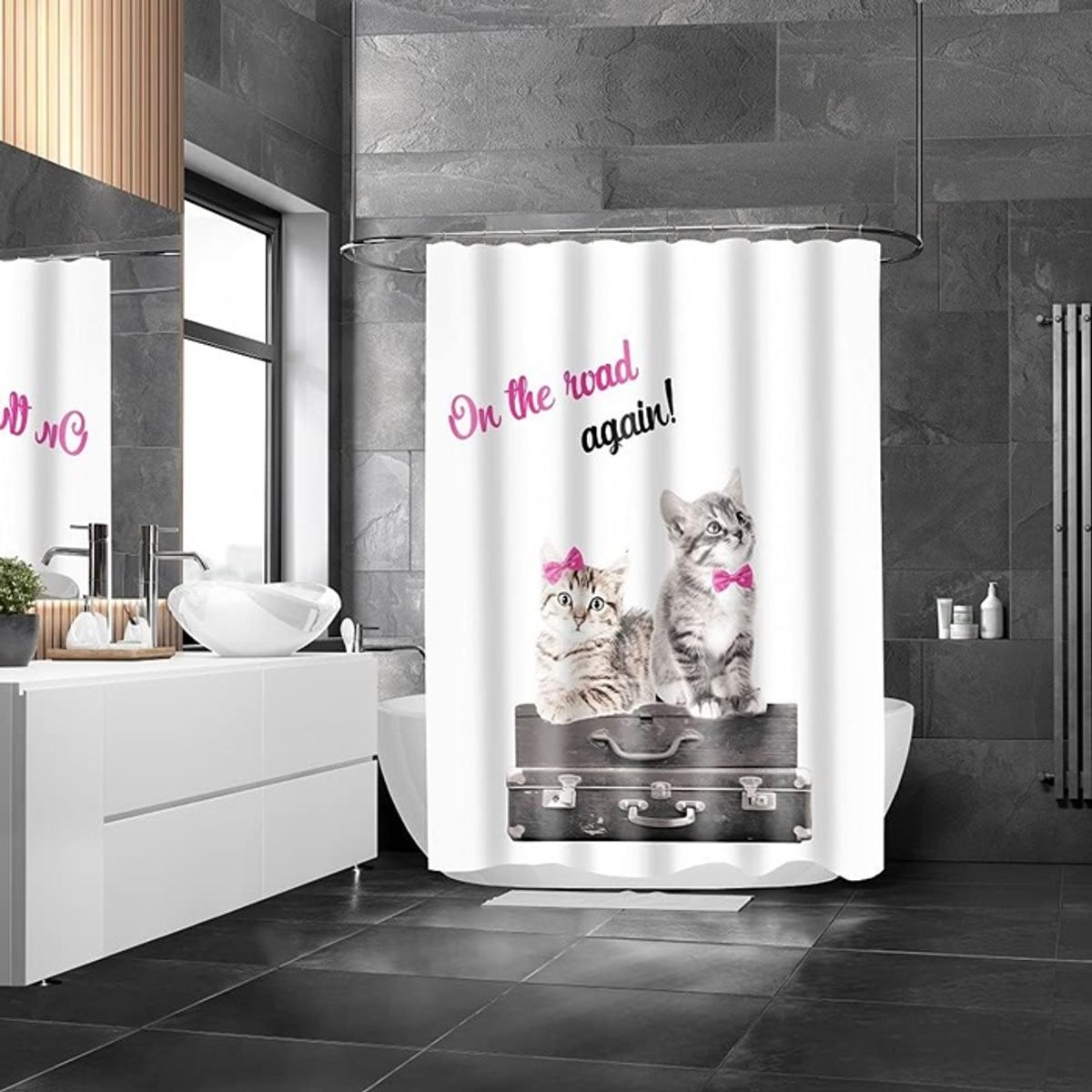 GENERICO - Cortina De Baño 100% Poliéster Gatitos