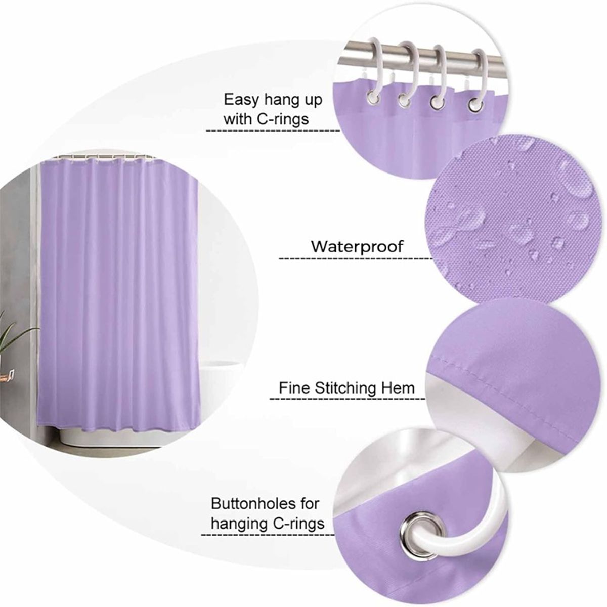 GENERICO - Cortina De Baño 100% Poliéster Lila