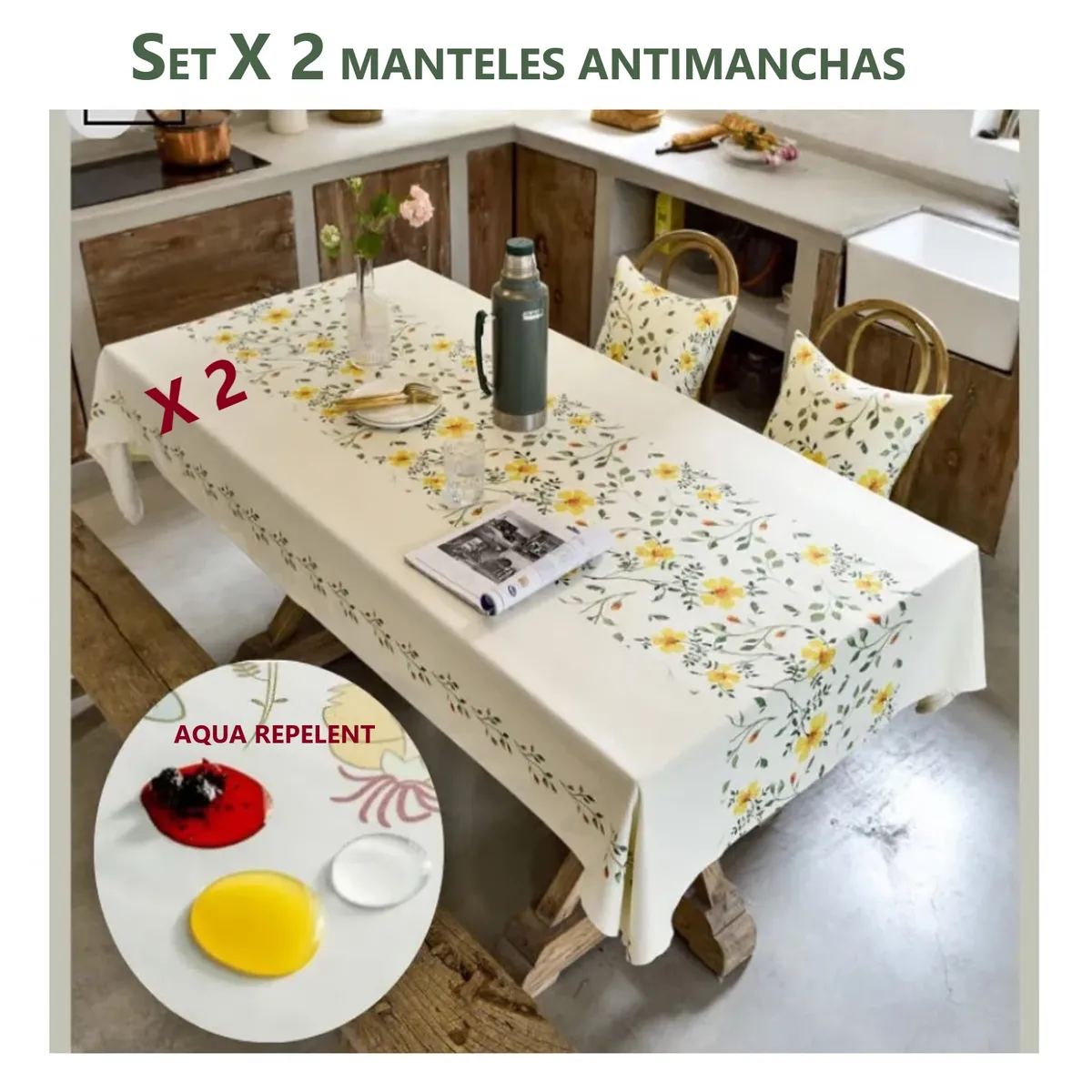 COMPRAPO - Set X 2 Mantel Antimanchas Mod. Flores Silvestres Amarillas 140X220 cm