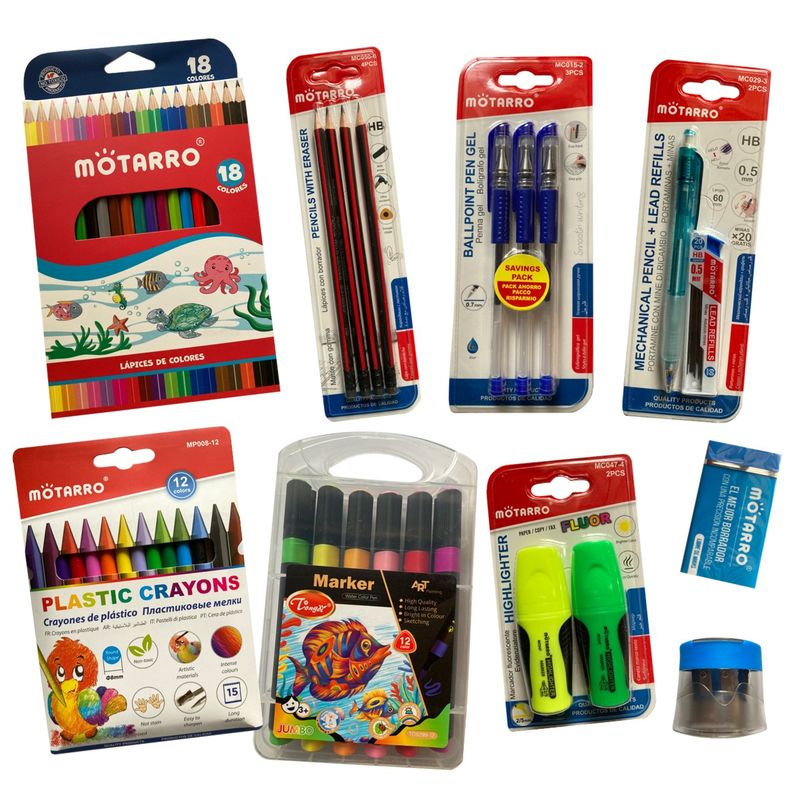MOTARRO - Pack útiles escolares 3-Lápices-Marcadores-Destacadores-etc
