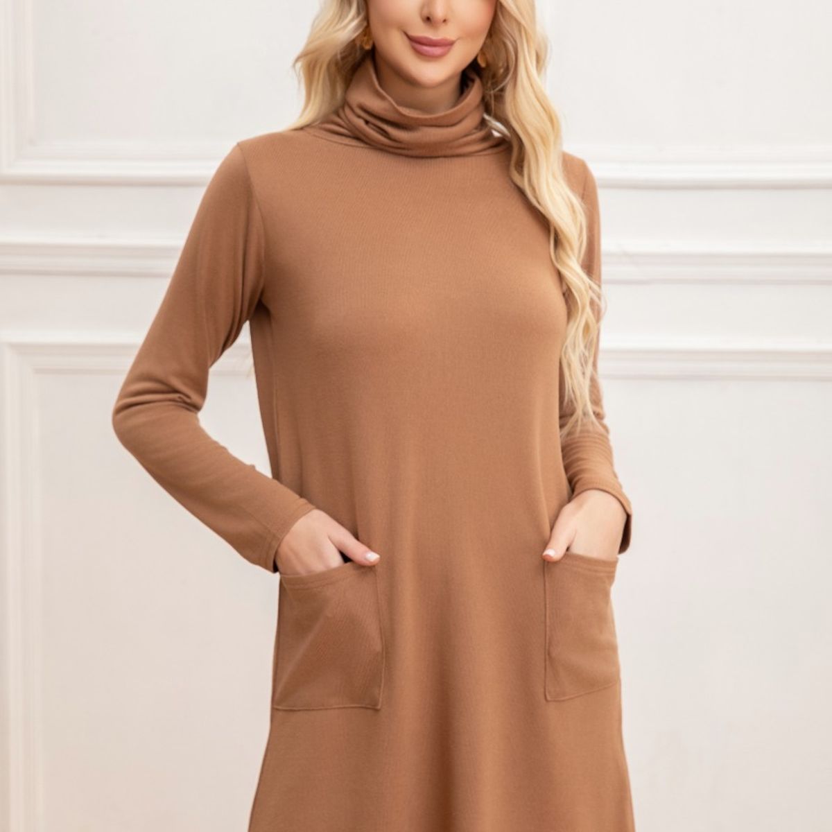 LIKE SHOP - Sweater Mini Vestido Corto Tejido Mujer Cuello Alto Doble 2001