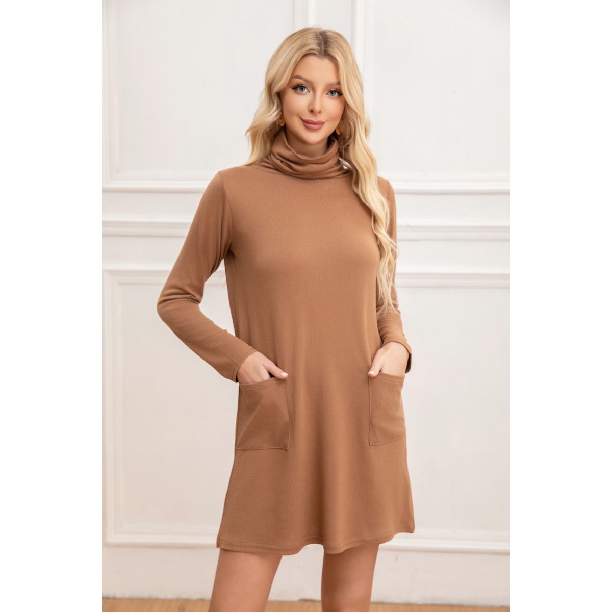 LIKE SHOP - Sweater Mini Vestido Corto Tejido Mujer Cuello Alto Doble 2001