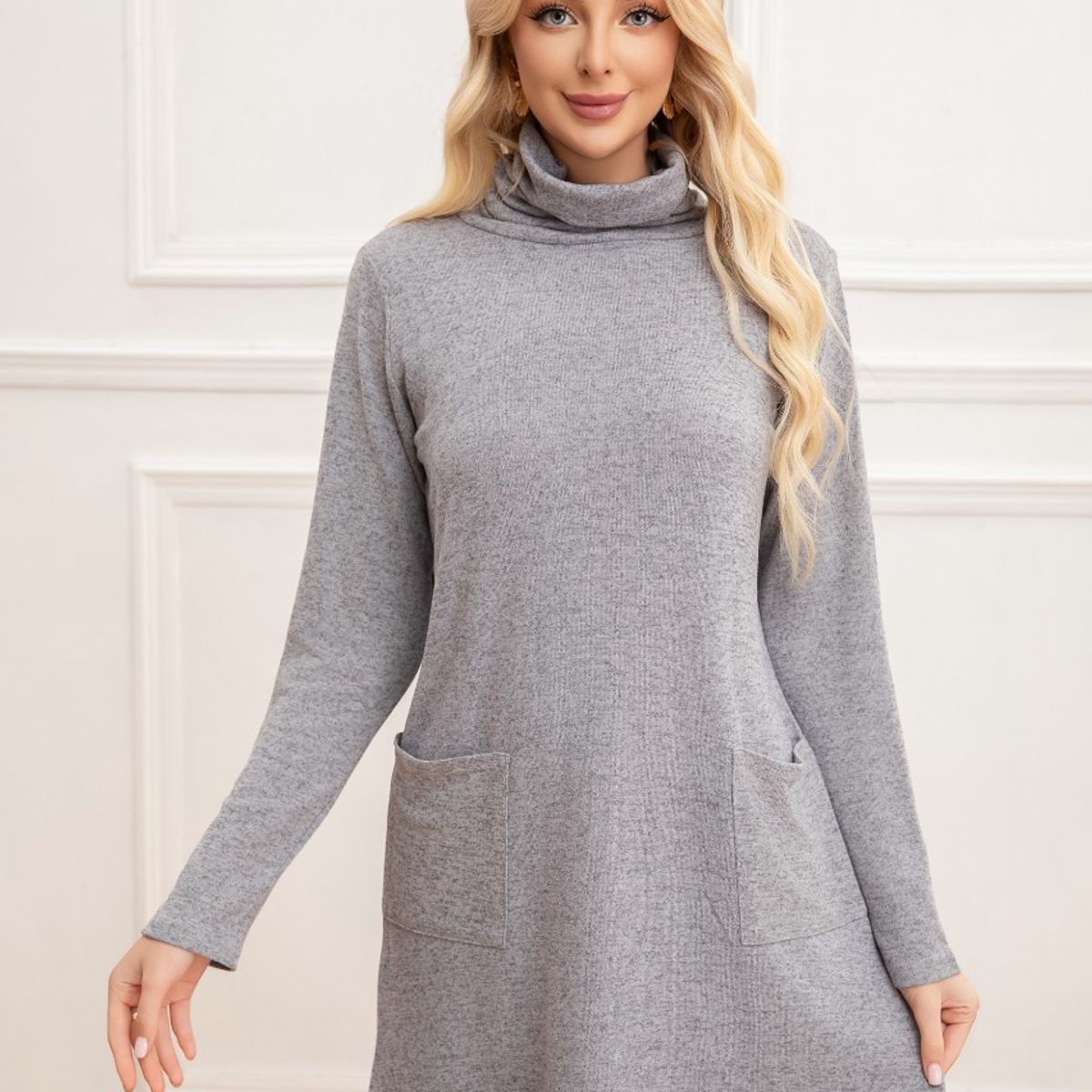 LIKE SHOP - Sweater Mini Vestido Corto Tejido Mujer Cuello Alto Doble 2001