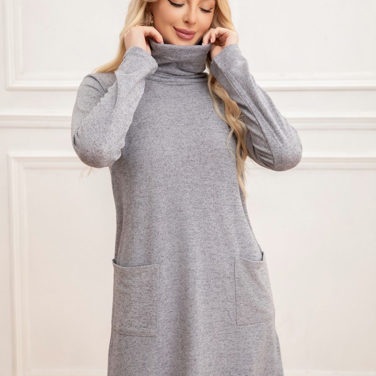 LIKE SHOP - Sweater Mini Vestido Corto Tejido Mujer Cuello Alto Doble 2001