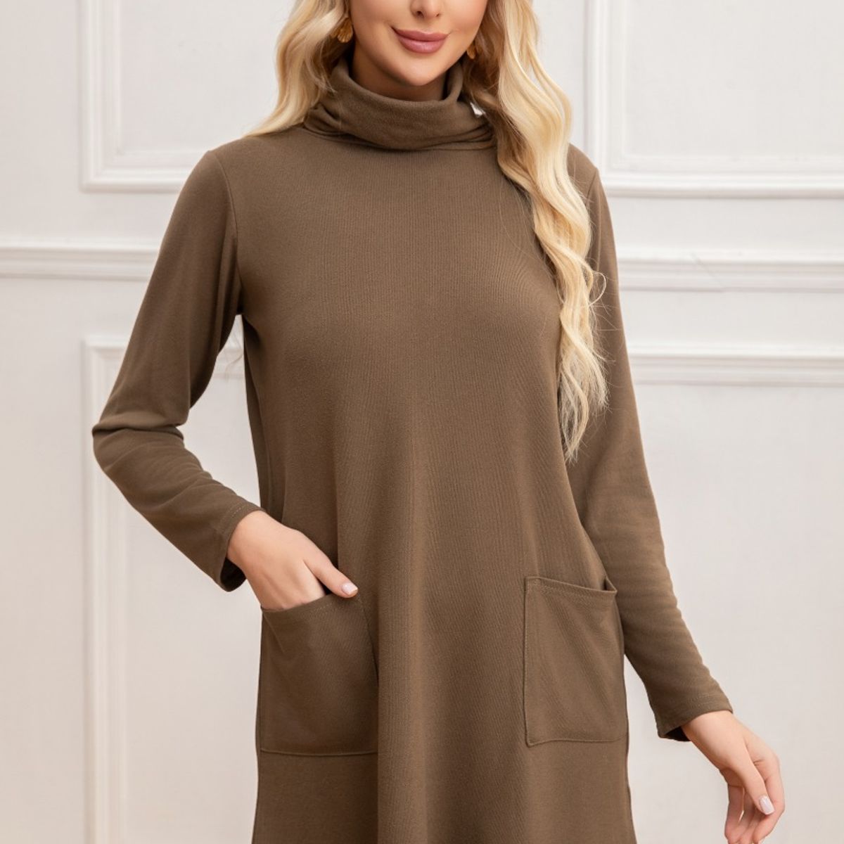 LIKE SHOP - Sweater Mini Vestido Corto Tejido Mujer Cuello Alto Doble 2001