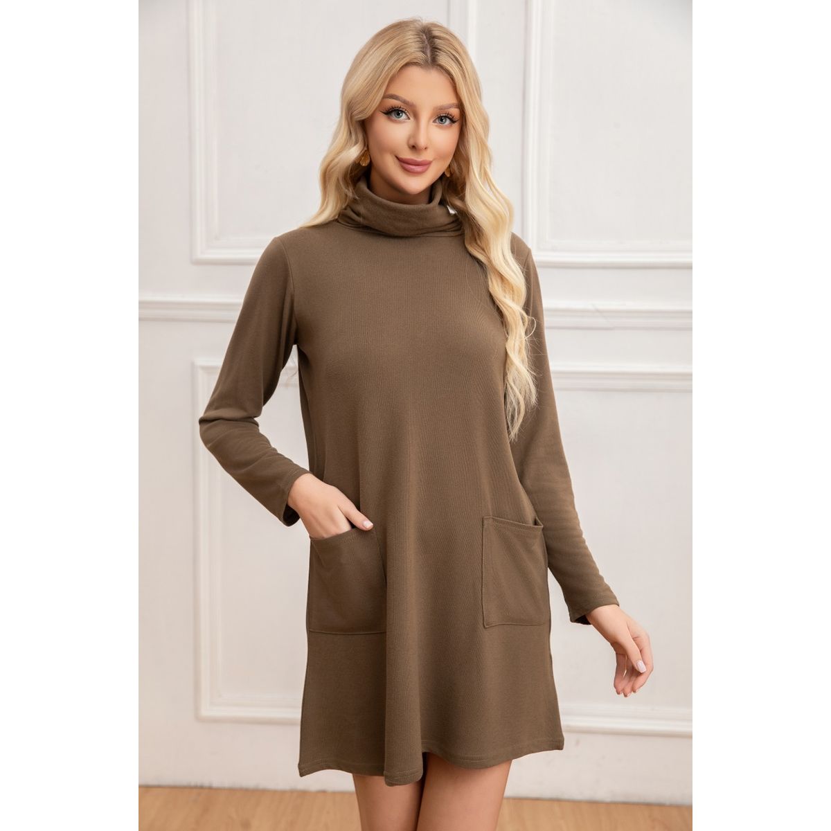 LIKE SHOP - Sweater Mini Vestido Corto Tejido Mujer Cuello Alto Doble 2001