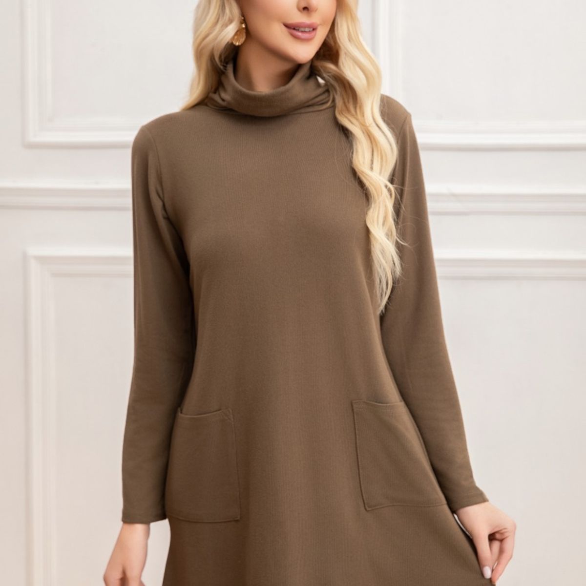 LIKE SHOP - Sweater Mini Vestido Corto Tejido Mujer Cuello Alto Doble 2001
