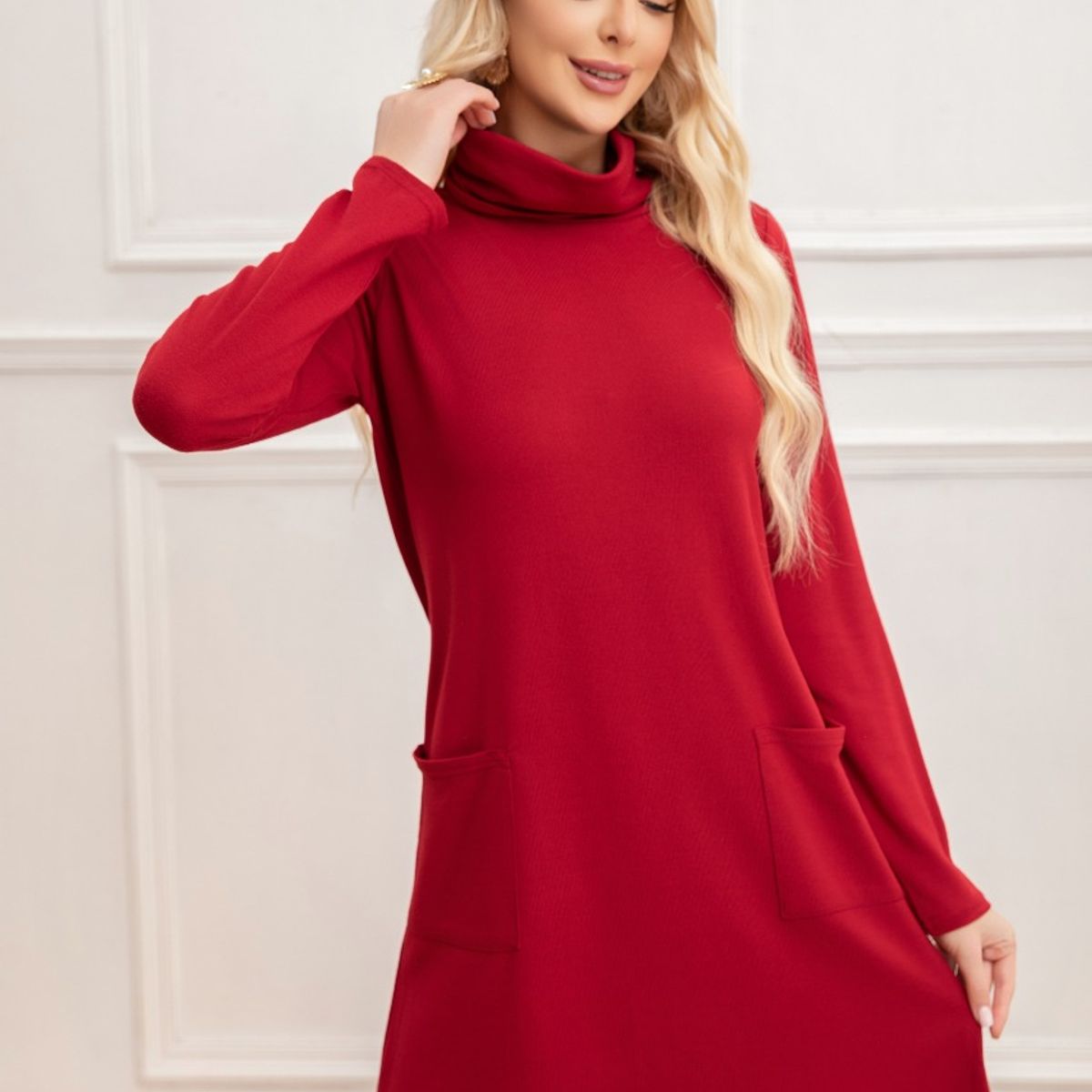 LIKE SHOP - Sweater Mini Vestido Corto Tejido Mujer Cuello Alto Doble 2001