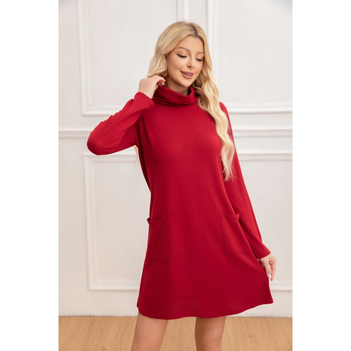 LIKE SHOP - Sweater Mini Vestido Corto Tejido Mujer Cuello Alto Doble 2001