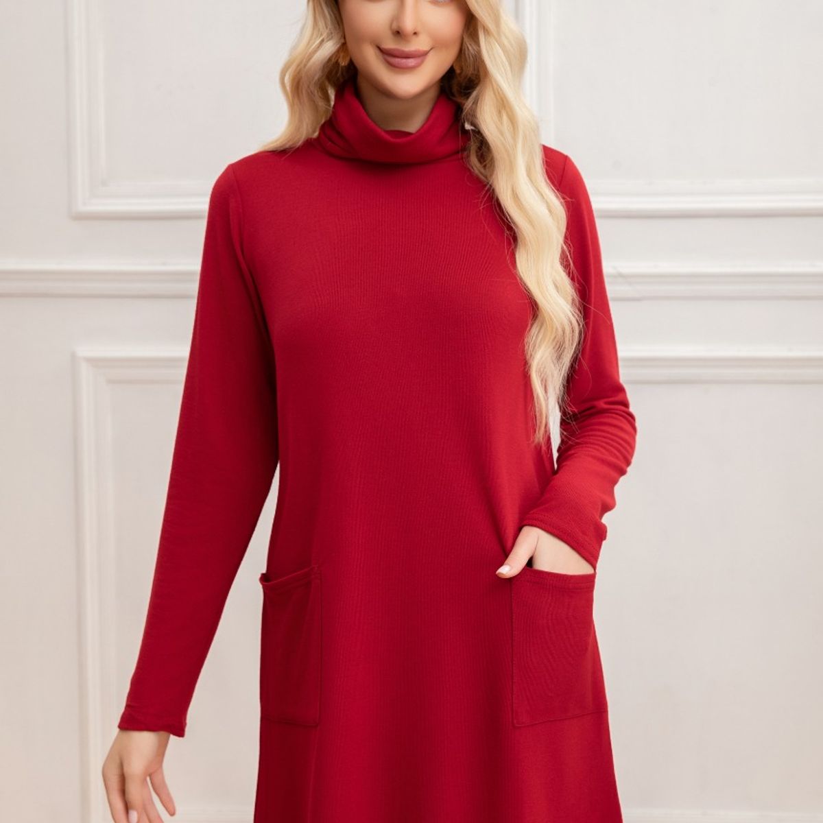 LIKE SHOP - Sweater Mini Vestido Corto Tejido Mujer Cuello Alto Doble 2001