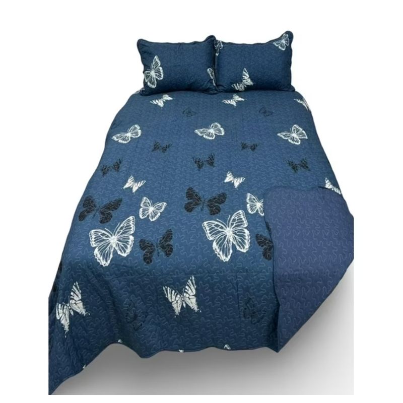 GENERICO - CUBRECAMA QUILT VERANO 2 PLAZA LUMINOSO DISEÑO AZUL MARIPOSA TF