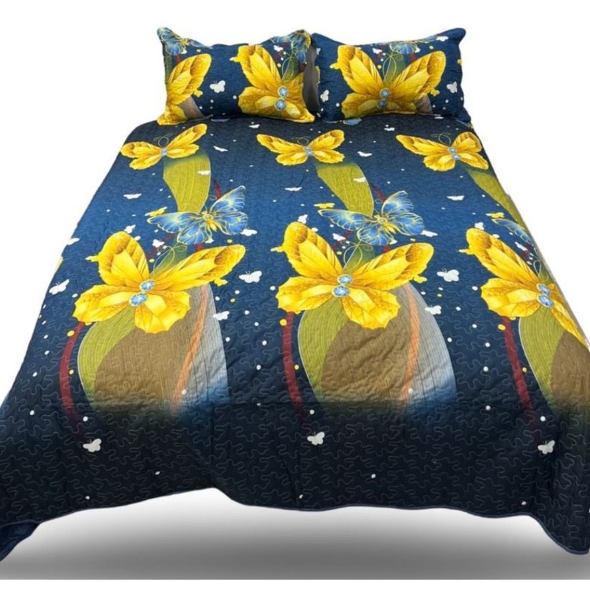 GENERICO - CUBRECAMA QUILT VERANO 2 PLAZA LUMINOSO DISEÑO MARIPOSA AMARILLA TF