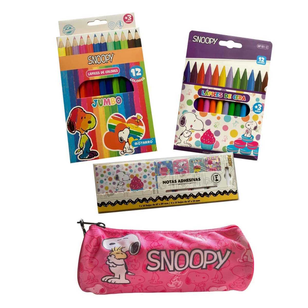 MOTARRO - Pack útiles escolares Snoopy-Lápices-estuche-notas adhesiva