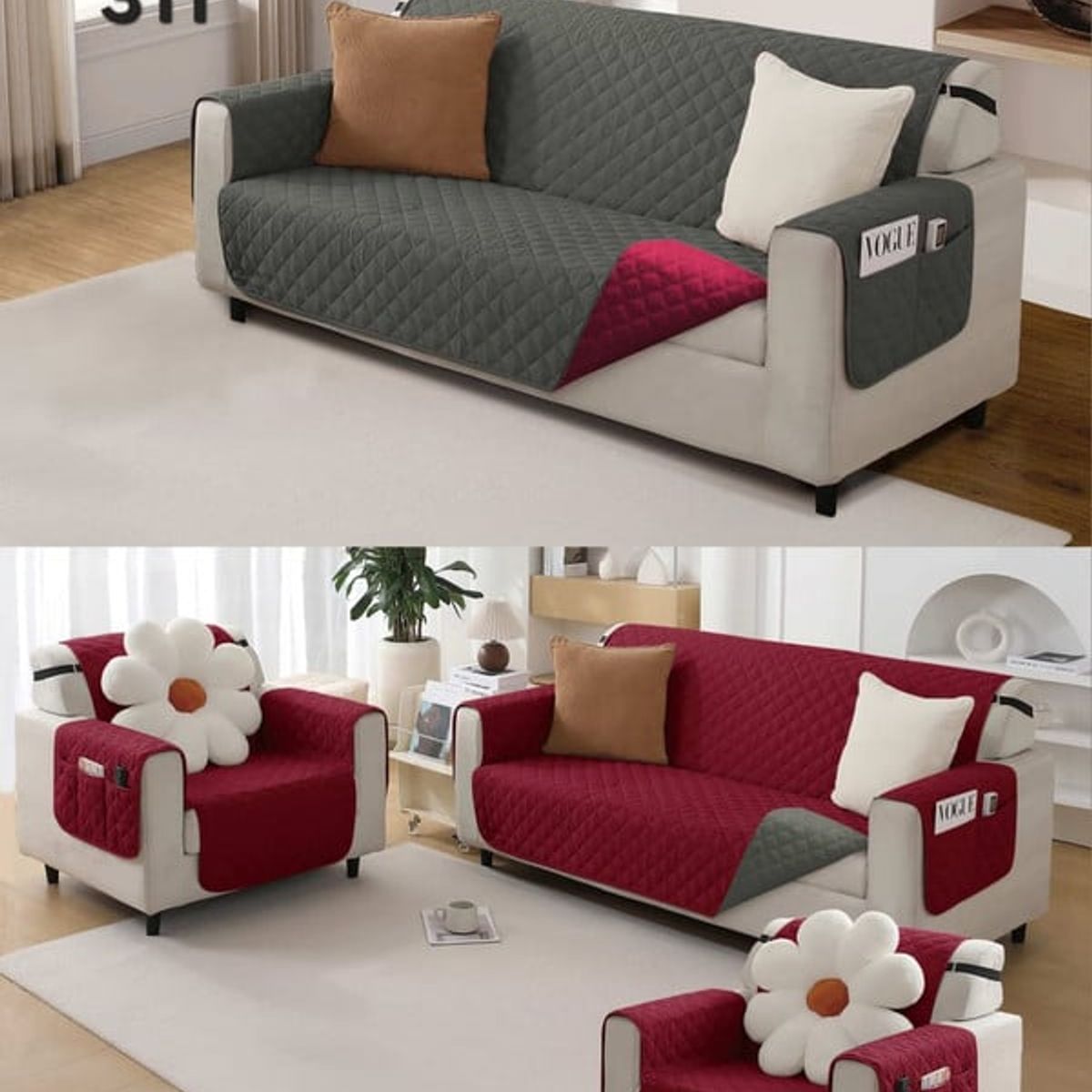 ANGELES DEL HOGAR - CUBE SOFA REVERSIBLE CON BOLSA 3 CUERPOS  BURDEO+GRIS