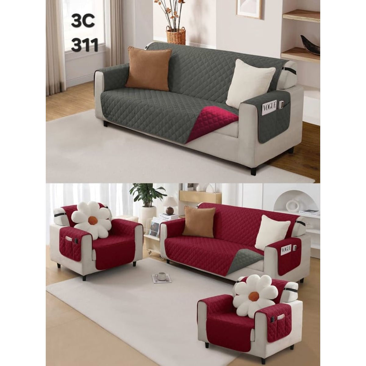 ANGELES DEL HOGAR - CUBE SOFA REVERSIBLE CON BOLSA 3 CUERPOS  BURDEO+GRIS